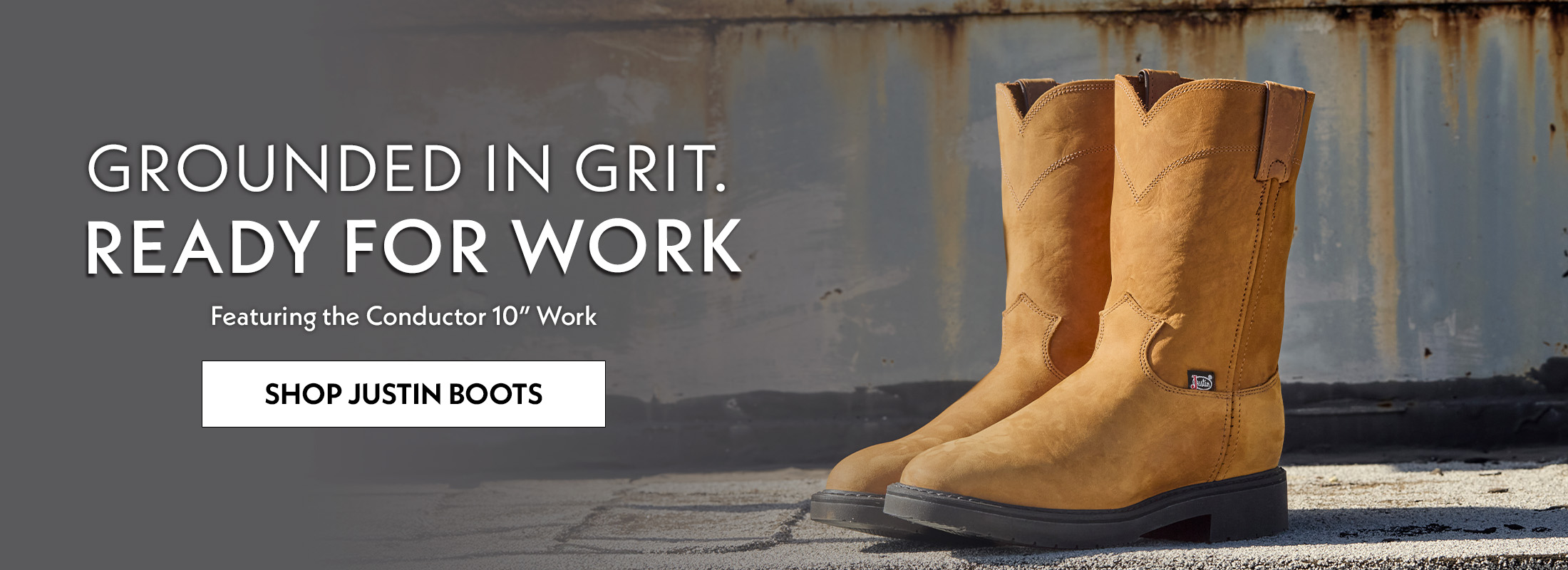 Grounded in grit. Ready for work. Featuring the Conductor 10&rdquo; Work. Shop Justin Boots. A pair of Justin boots in brown.